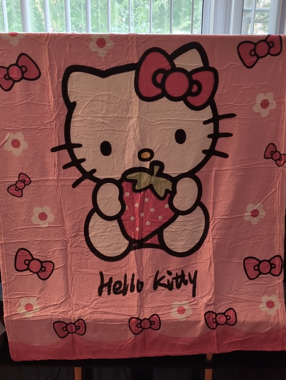 Hello Kitty Pink Strawberry Plush Throw Blanket with Bow Accents